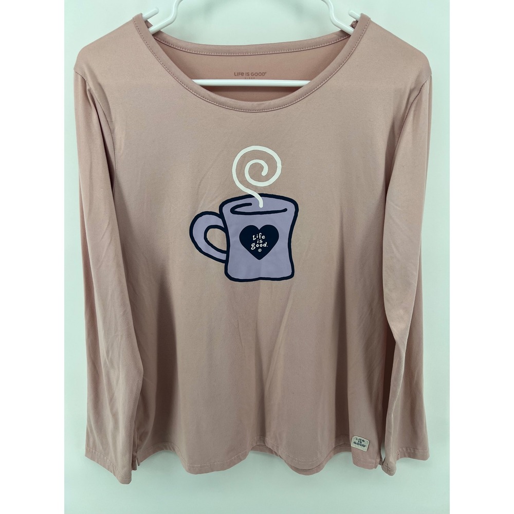 Life is Good Womens M Sleep Shirt Pink Coffee Mug Graphic Long Sleeve Top